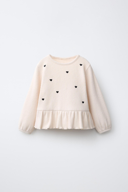 ZARA ФУТБОЛКА SOFT TOUCH С ВЫШИТЫМИ СЕРДЕЧКАМИ, ЭКРЮ МЕЛАНЖ