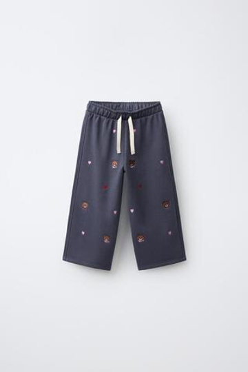 ZARA БРЮКИ ИЗ МЯГКОЙ ТКАНИ WIDE LEG С ВЫШИВКОЙ В ВИДЕ МЕДВЕЖАТ, МОРСКОЙ СИНИЙ