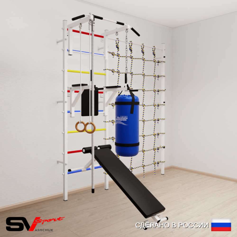 Шведская стенка Sv Sport 58430 (Турник стандарт/Брусья/Скамья/Канат/Кольца/Цепь/Мешок 30кг/Канатный лаз)