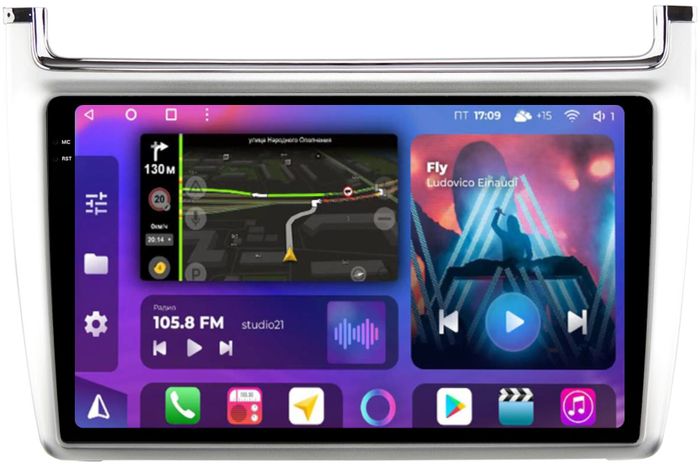 Магнитола для Volkswagen Polo 5 2009-2020 (рамка серебро) - FarCar BM9-2K-8080S монитор 9.5" 2K QLED на Android 14, Быстрая, CarPlay, 4G SIM-слот
