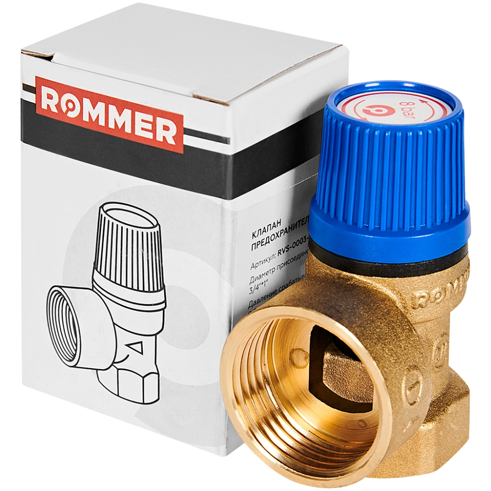 Клапан предохранительный ROMMER - 3/4", сброс 1" (ВР/ВР, Tmax 110°C, 8 бар)