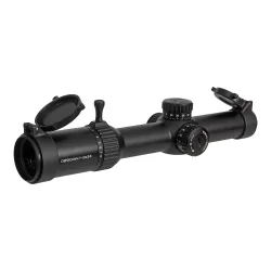 Прицел Gaut Obsidian 1-8x24, сетка 39, 1/2 МОА - вид спереди в три четверти с крышками