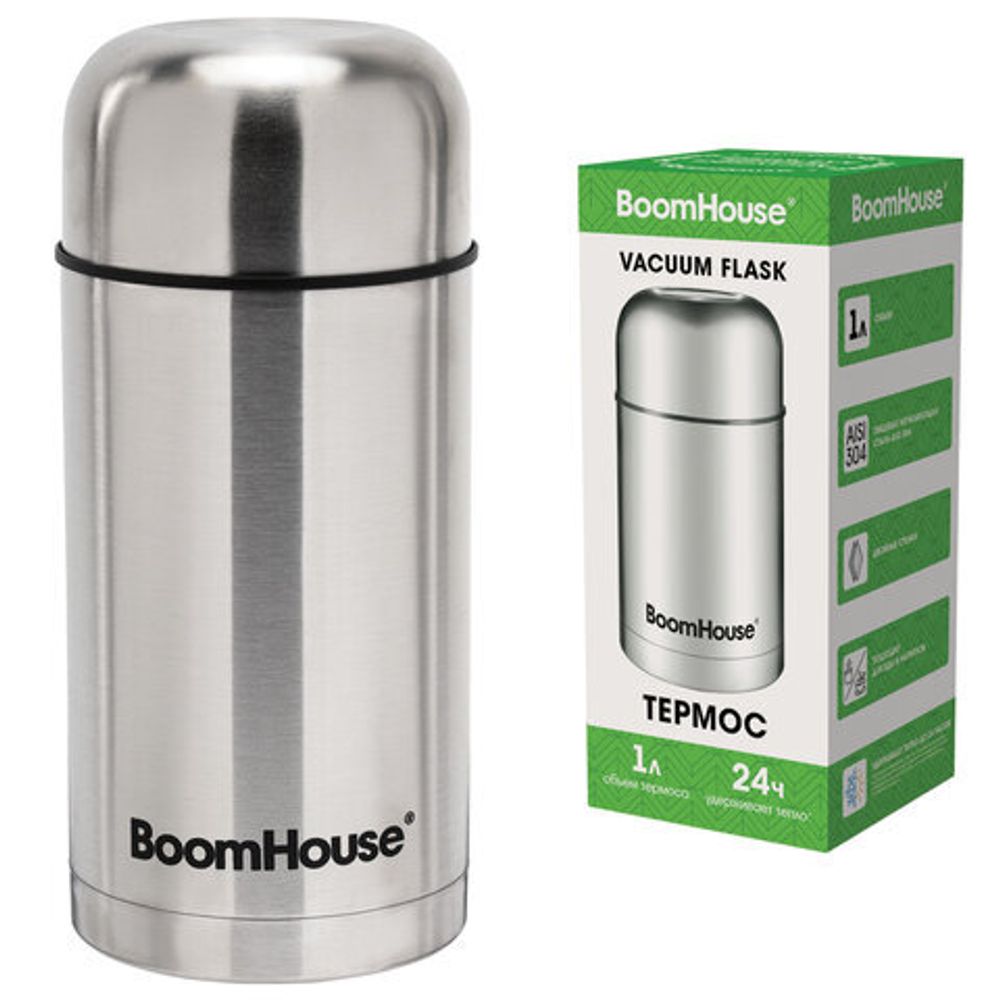 Термос 1 л для еды/напитков с широким горлом, BOOMHOUSE (БУМХАУС) WIDE, нержавеющая сталь SUS304, серебристый, 700320