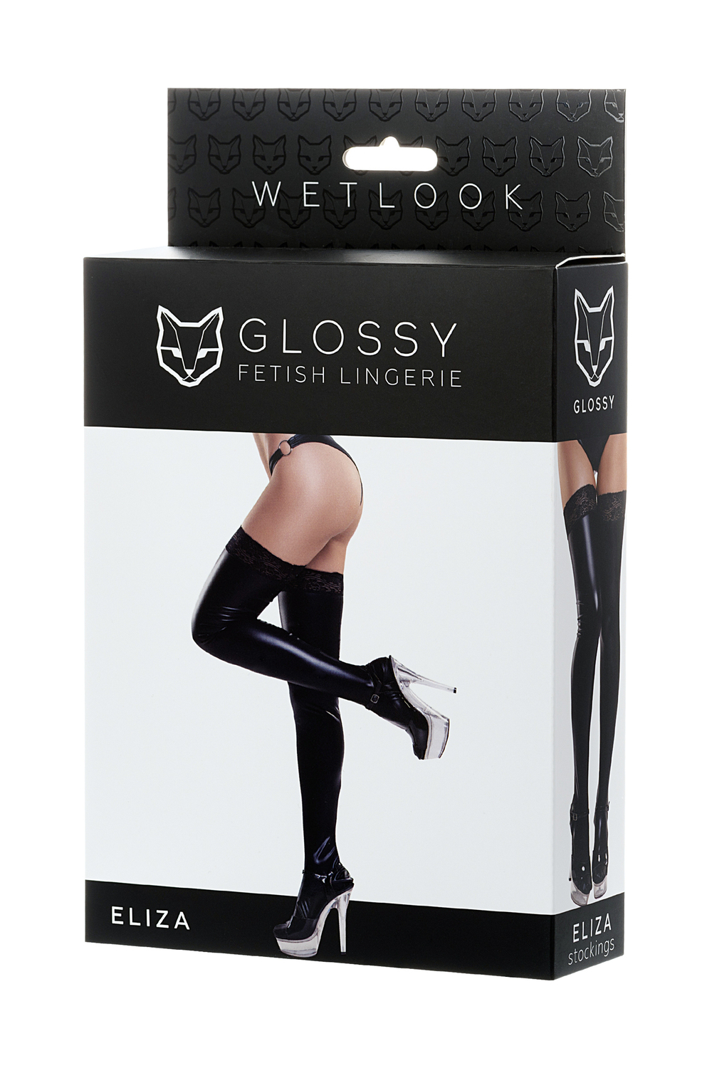 Чулки Glossy из материала Wetlook со вставкой из кружева черный L