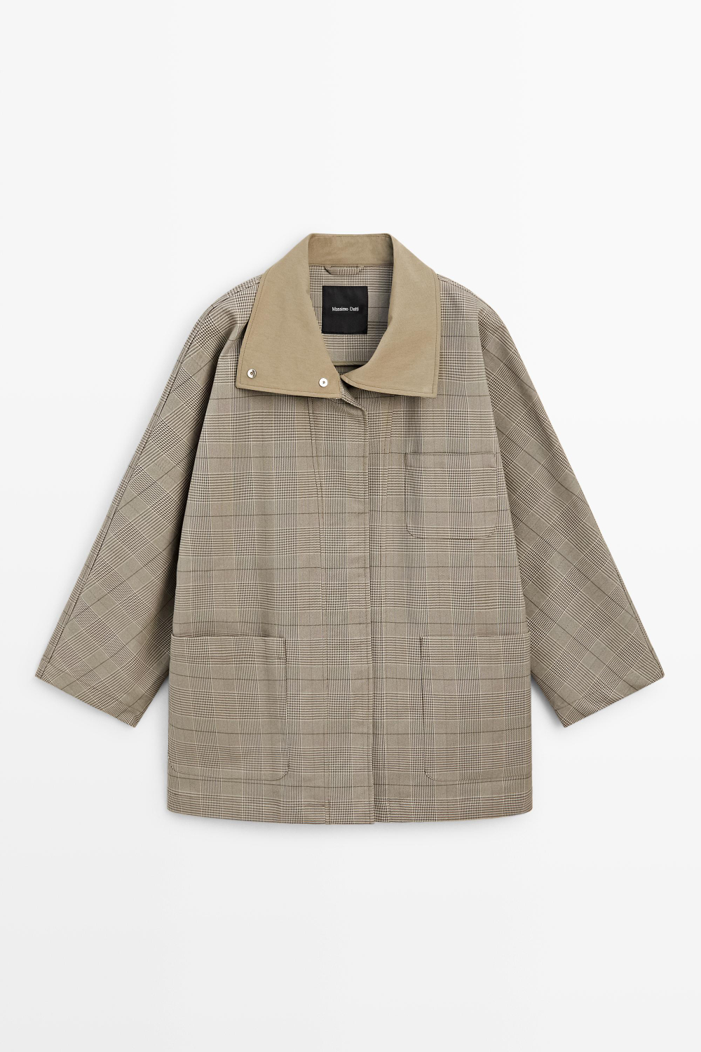 Massimo Dutti Куртка в клетку из смесового хлопка с высоким воротником, хаки