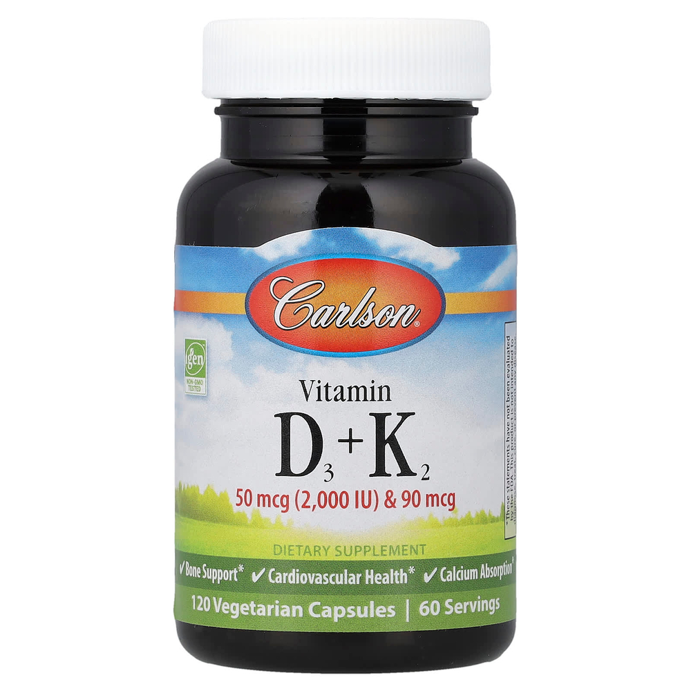 Carlson, Витамин D3 и K2, 50 мкг (2000 МЕ) и 90 мкг, 120 вегетарианских капсул