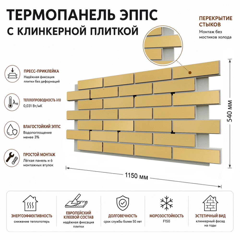 Клинкерная фасадная термопанель ЭППС Cerrad Piaskowa gladka 1150x540