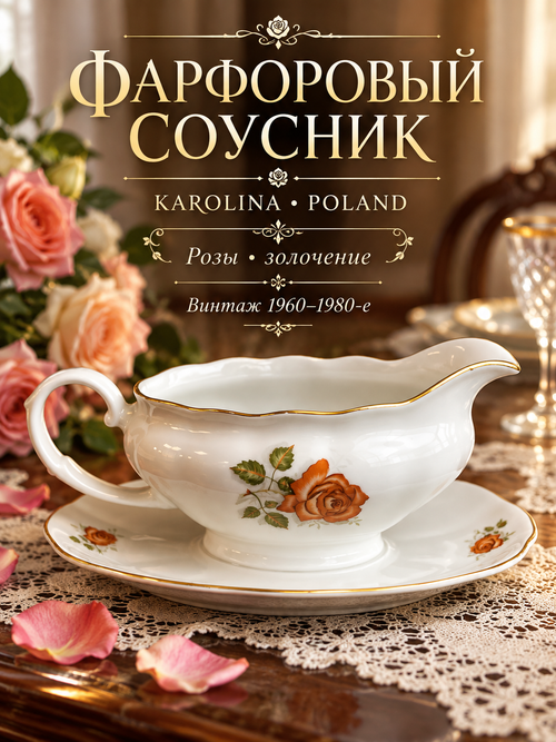 Соусник цельный с блюдцем фарфор деколь розы, золочение, клеймо Jarolina, KAROLINA Poland, Каролина Польша, 1960-1980 гг