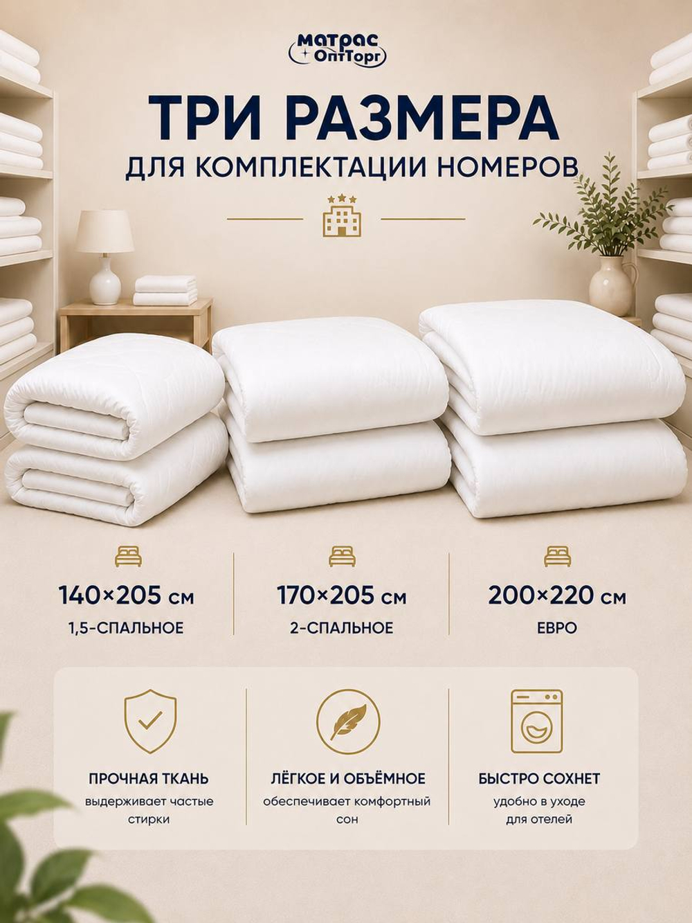 Одеяло для отелей холлофайбер классика (наполнитель: холлофайбер 300гр/м2, чехол: микрофибра, 100%пэ)