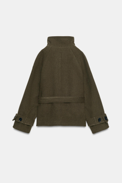 ZARA ПАЛЬТО С ВЫСОКИМ ВОРОТНИКОМ И ПОЯСОМ, ХАКИ