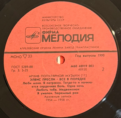 Виниловая пластинка Elvis Presley – That's All Righ LP Мелодия
