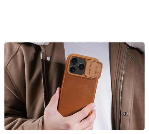 Кожаный чехол книжка коричневого цвета для iPhone 17 Pro, серия Qin Pro Leather от Nillkin