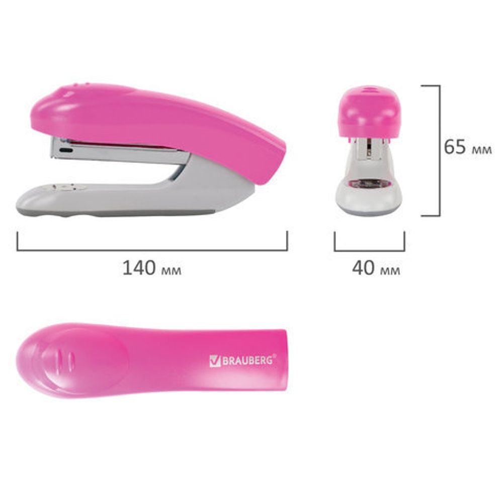 Степлер №24/6, 26/6 BRAUBERG "Original", до 25 листов, розовый, 227773
