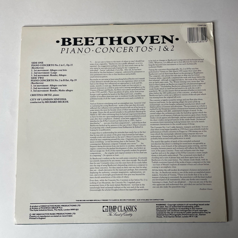 Винтажная виниловая пластинка LP Beethoven Бетховен, Cristina Ortiz, City Of London Sinfonia Conducted By Richard Hickox, Piano Concertos Nr 1 and 2 (Англия 1987)