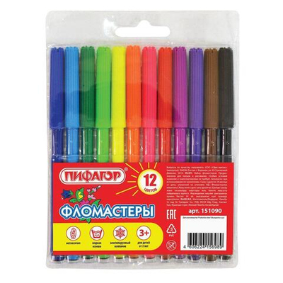 Фломастеры 12 цветов, "Пифагор", вентилируемый колпачок (Пифагор)