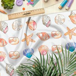 Ткань флис разноцветные ракушки и морские звёзды