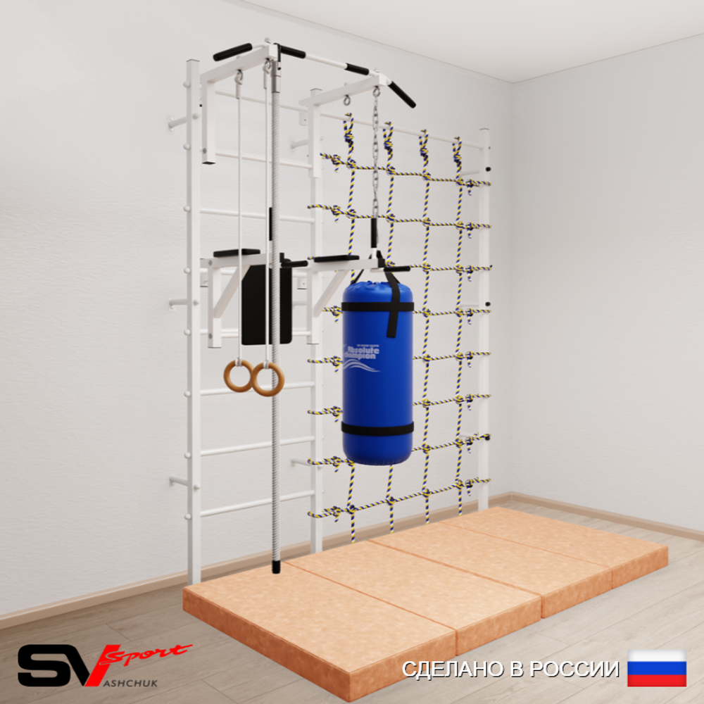 Шведская стенка Sv Sport усиленная 67450 (Турник стандарт/Брусья/Канат/Кольца/Цепь/Мешок 15кг/Мат 2м/Канатный лаз)