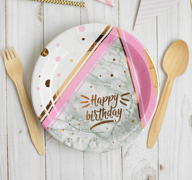Тарелка бумажная Happy birthday, 18см, розово-золотое тиснение 10шт