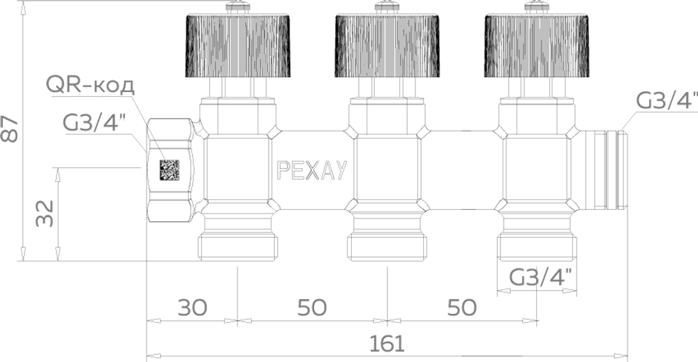 Коллектор регулирующий проходной РЕХАУ - 3/4" (ВР/НР) на 3 контура 3/4"ЕК (Евроконус)