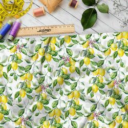 Ткань оксфорд 600 яркие лимонные ветки на белом фоне