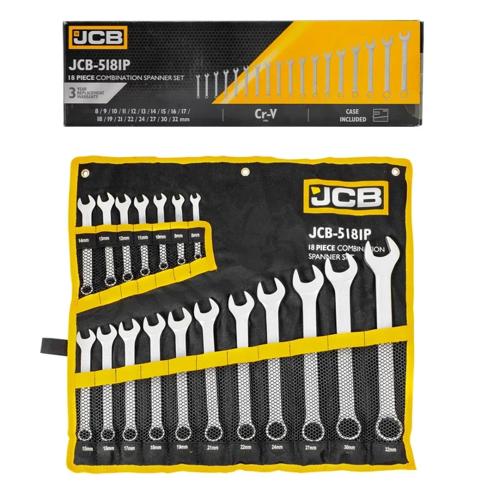 Набор ключей комбинированных 18пр.(8-19, 21, 22, 24, 27, 30, 32мм),на полотне JCB JCB-5181P