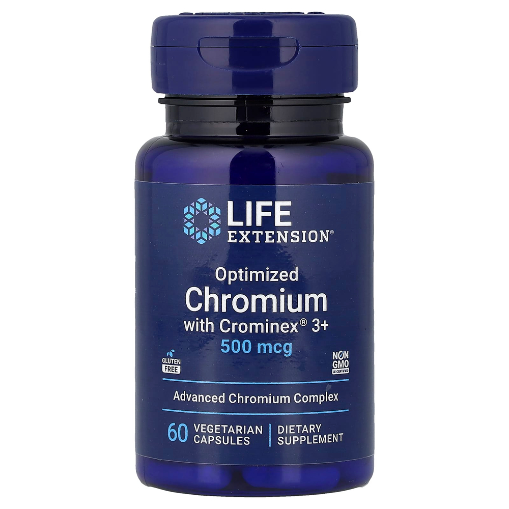 Life Extension, оптимизированный хром с Crominex® 3+, 500 мкг, 60 вегетарианских капсул