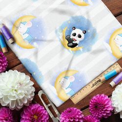 Ткань лён сонные панды и мышки на месяце