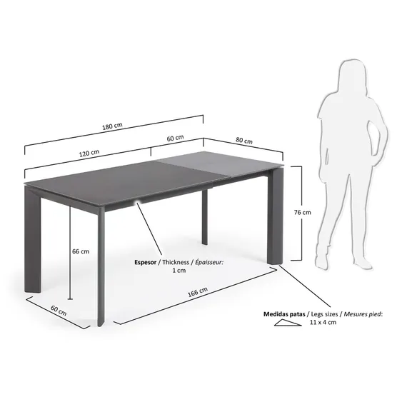 Стол раскладной Atta 120-180x80 см, антрацит, керамика Vulcano Roca