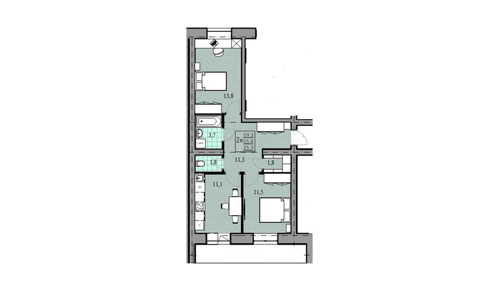 2-комнатная квартира, 55,0 м² / Чистовая отделка