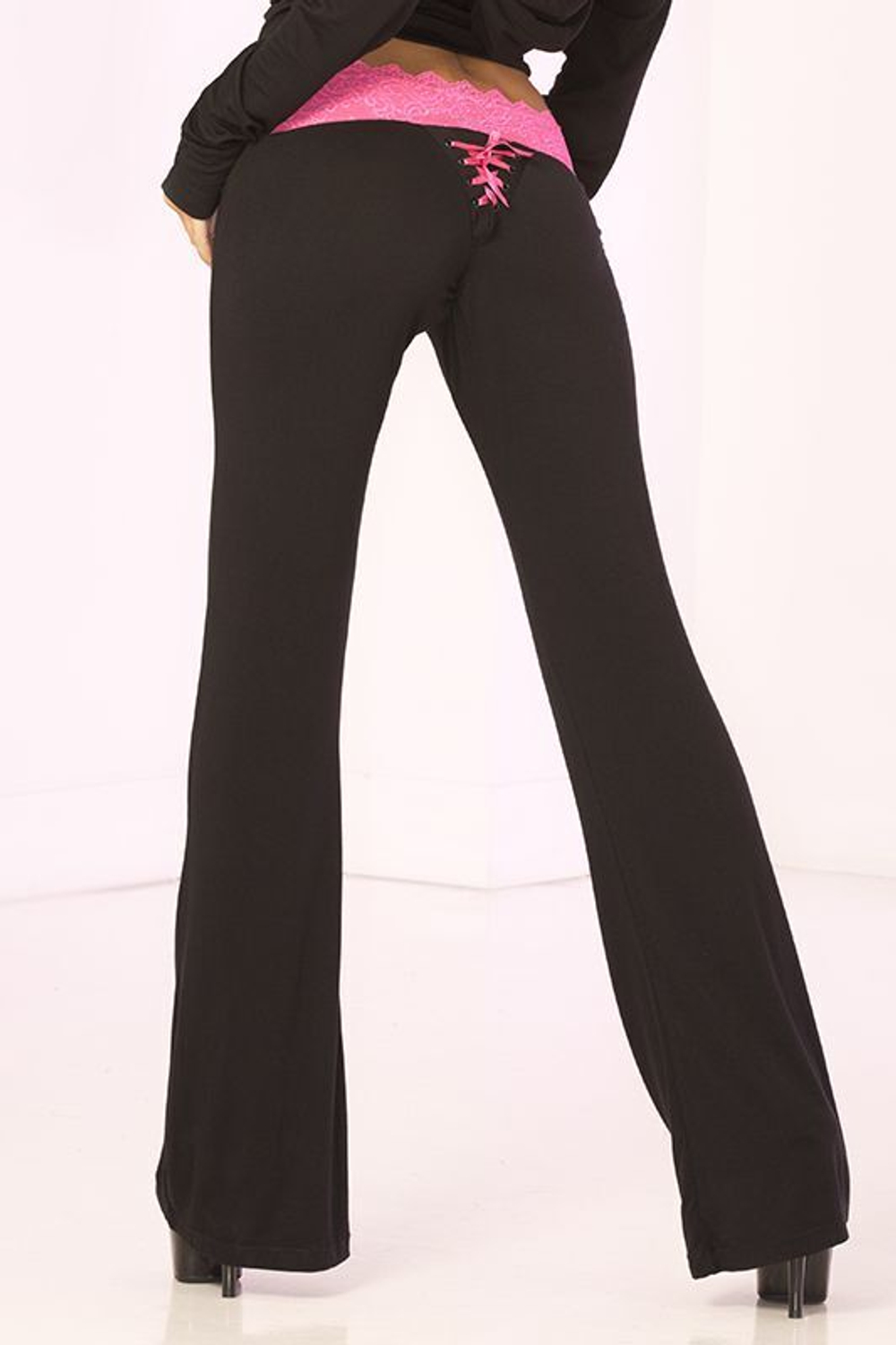 Клубные брючки с кружевным поясом и декоративной шнуровкой LACE TRIM LOUNGE PANTS (Размер: S) (Цвет: черный с розовым)