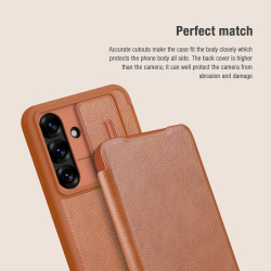 Кожаный чехол книжка коричневого цвета от Nillkin для смартфона Samsung Galaxy S25+, серия Qin Pro Leather с сдвижной защитной шторкой для камеры