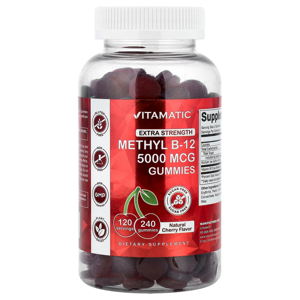 Vitamatic, метилкобаламин B12, со вкусом натуральной вишни, без сахара, 240 жевательных таблеток (2500 мг в 1 жевательной таблетке)