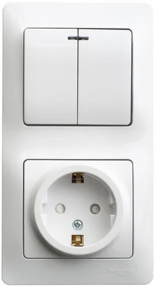 Блок розетка с заземлением + выключатель двухклавишный с подсветкой Systeme Electric Glossa Белый GSL000175