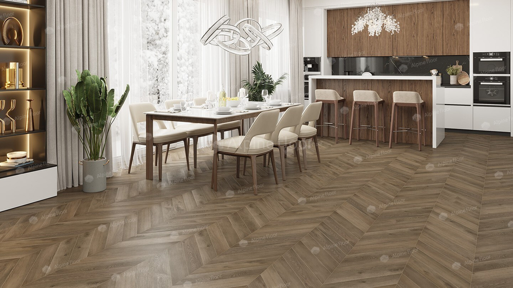 Каменно-полимерная напольная плитка Alpine Floor Шеврон (Chevron) Дуб Насыщенный ЭКО 18-4