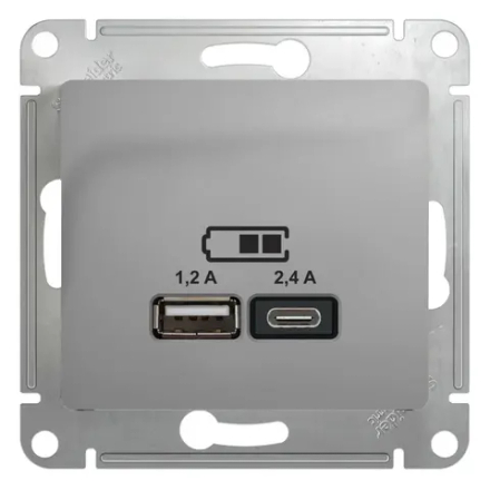 GLOSSA USB РОЗЕТКА А+С, 5В/2,4А, 2х5В/1,2А, механизм, АЛЮМИНИЙ
