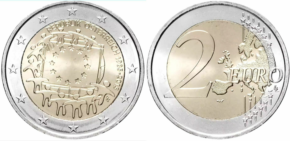 Австрия 2 евро, 2015 30 лет флагу Европейского союза UNC