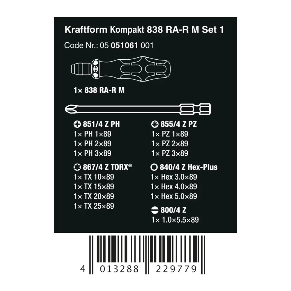 Набор с трещоточной отвёрткой Kraftform Kompakt 838 RA-R M Set 1 WERA 05051061001