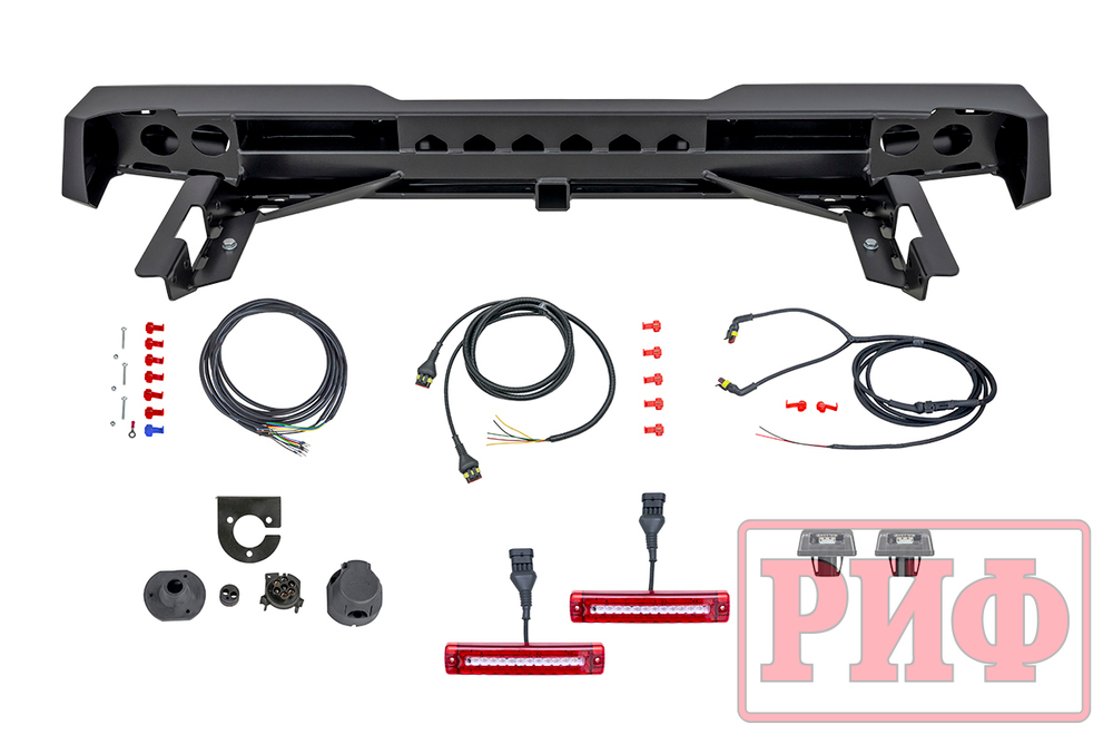 Бампер силовой задний Toyota Hilux 2005-2014 с квадратом под фаркоп и фонарями РИФ