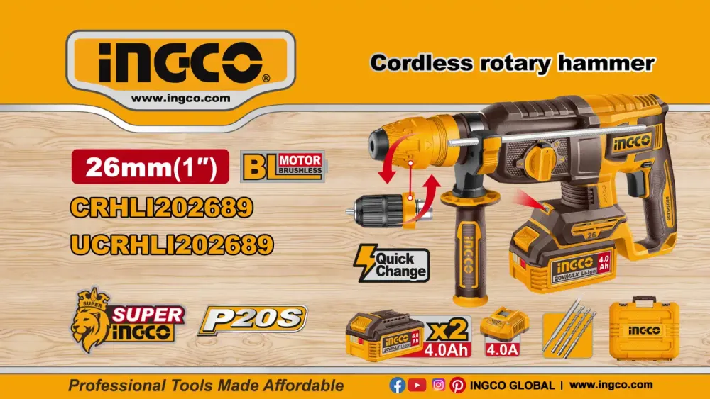 Аккумуляторный перфоратор BL 20В, 2,5Дж, 2хАКБ 4Ач и ЗУ SUPER INGCO CRHLI202689 INDUSTRIAL
