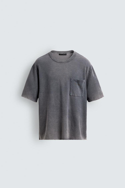 ZARA ФУТБОЛКА RELAXED FIT С ЭФФЕКТОМ ПОТЕРТОСТИ, ЛИНЯЛЫЙ СИНИЙ