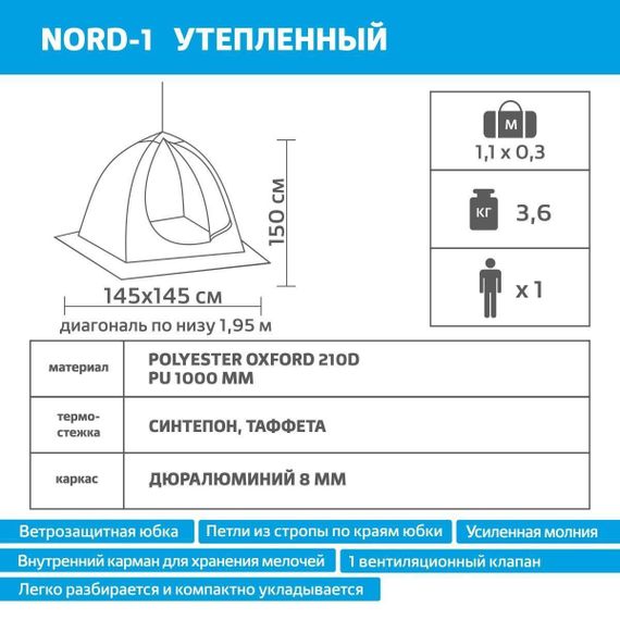 Палатка зимняя Helios NORD-1 зимняя утепл. 1-местная