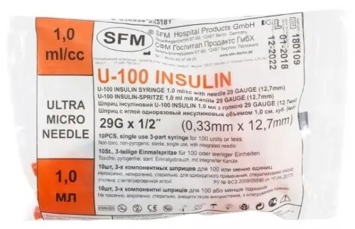 Шприц инсулиновый 3-х компонентный SFM U-100, 1 мл (100 МЕ), 29G (0,33 × 12,7 мм), 10 шт