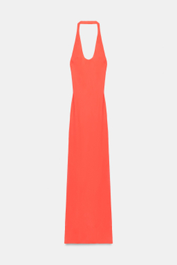ZARA ДЛИННОЕ ПЛАТЬЕ-ХАЛТЕР, НЕОНОВЫЙ ОРАНЖЕВЫЙ