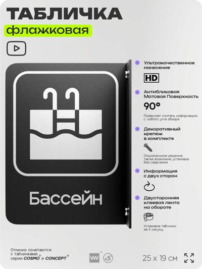 Табличка Бассейн флажковая на стену, двусторонняя с крепежом, 19 х 25 см, для офиса, кафе, ресторана, серия COSMO, Айдентика Технолоджи