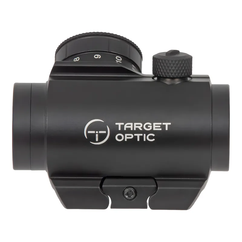 Коллиматор Target Optic 1x20, Weaver, красная марка, точка 2 MOA, проставка - вид сбоку с логотипом на низком креплении