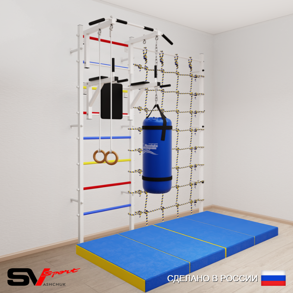 Шведская стенка Sv Sport усиленная 67150 (Турник стандарт/Брусья/Кольца/Цепь/Мешок 15кг/Мат 2м/Канатный лаз)
