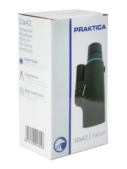 Монокуляр Praktica Falcon 10x42 WP в упаковке, вид сбоку с характеристиками