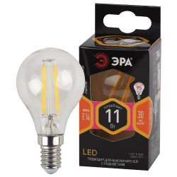 Лампа светодиодная ЭРА F-LED P45-11W-827-E14 11Вт филамент шар теплый белый свет Е14 | Филаментные декоративные