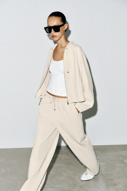 ZARA ШИРОКИЕ БРЮКИ С ЭЛАСТИЧНЫМ ПОЯСОМ, ЭКРЮ