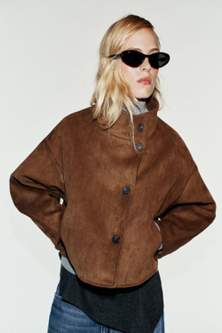 ZARA КОРОТКАЯ КУРТКА ИЗ ИСКУССТВЕННОЙ ЗАМШИ, КОРИЧНЕВЫЙ